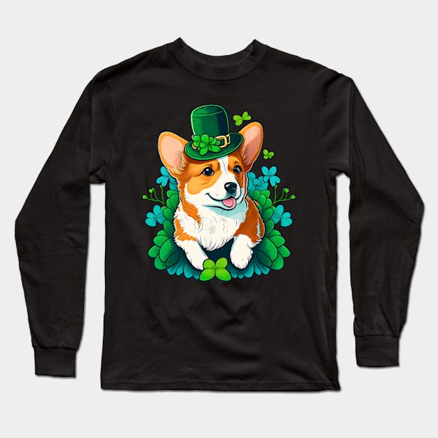 Funny Corgi Lover Shamrock Happy St Patricks Day Long Sleeve T-Shirt by Ai Wanderer